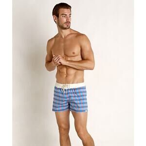 Sauvage California Men's Swim Trunks Shorts Como Italia Plaid M USA Made Blue